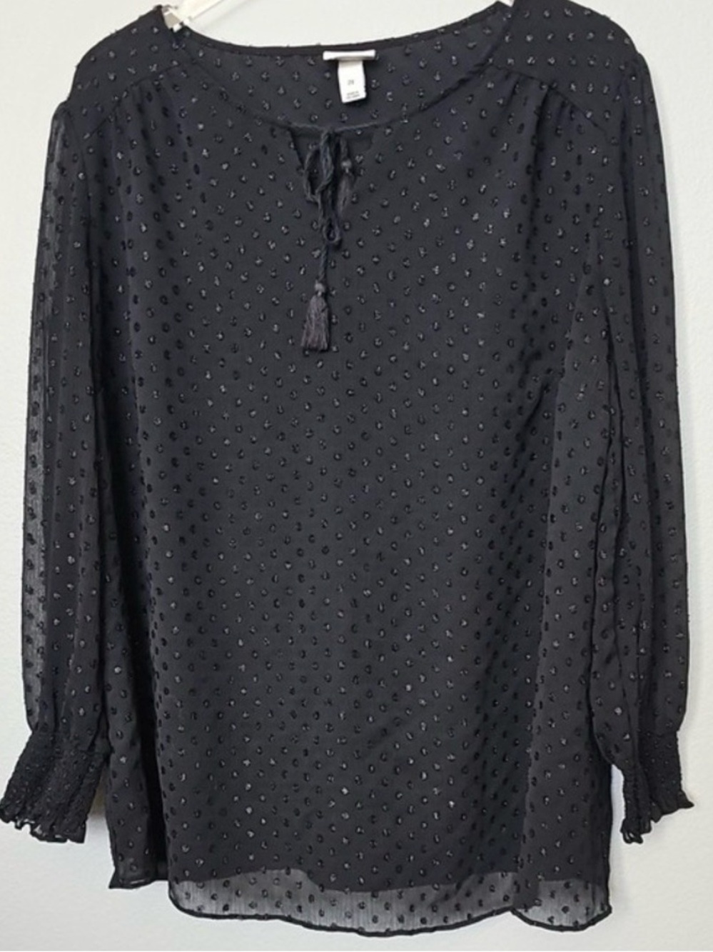 Ava & Viv Black Metallic Clip Dot Blouse Tassel Tie Long Sleeve 2X Plus Size